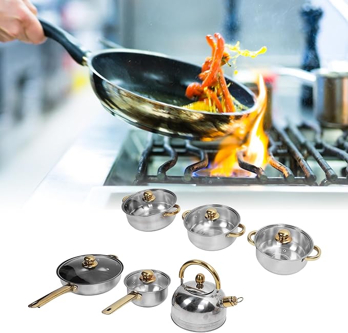 Zerodis Cookware Set Stainless Steel Kitchen Household Cookware Combination Set Pot Frying Pan Saucepan Set Glass with Powerful Thermal Conductivity for Home Kitchen Restaurant (Gold