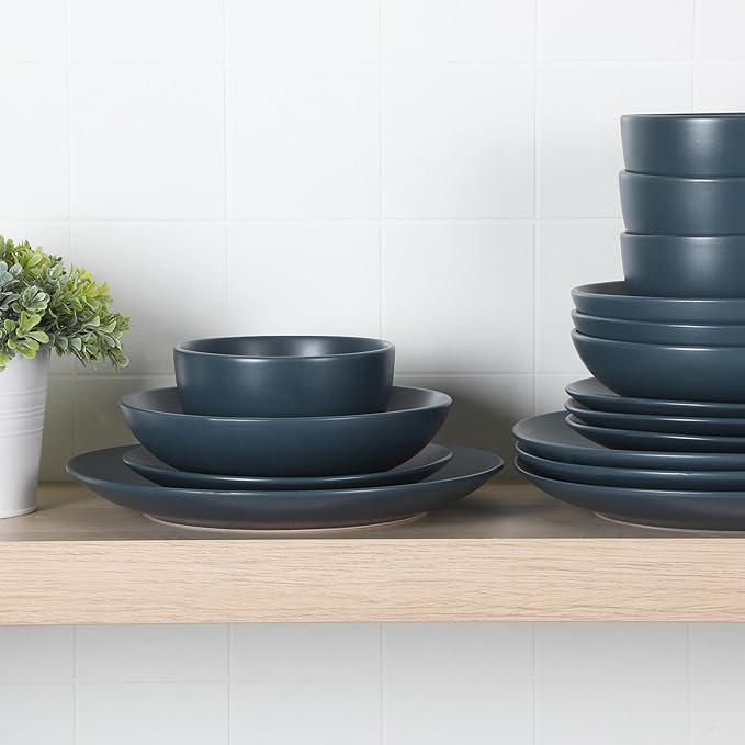 Gibson Home Queenslane 16-Piece Matte Blue Stoneware Dinnerware Set – Double Bowl Plates and Bowls Durable Kitchen Dinner Set