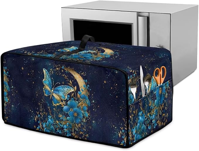 Heat-Resistant Toaster Oven Cover Faux Linen Polyester Appliances Dust Cover for Convection Toaster Oven Air Fryer with Top Handle Side Pockets Moon Butterfly Flower
