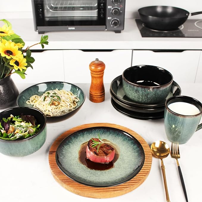 Dinnerware Sets(16Pcs) Serves for 4 Reactive Glaze Plates and Bowls Set with Mug7.9Small Plate8.3Salad Plate5.5bowl Modern kitchen tablewareMicrowave safe Set No.4