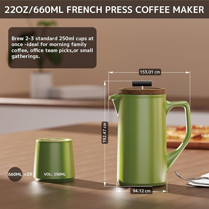 DHPO Ceramic French Press Coffee Maker 22oz Single Serve Coffee Press with Walnut Wood Lid Lead-Free Food Grade Stainless Steel Filter with Dual Screen for Coffee and Loose Tea Green