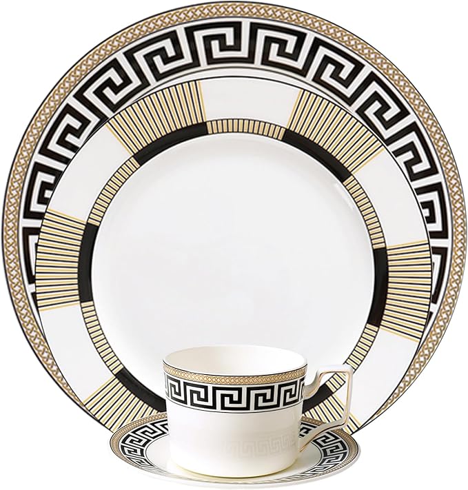 Black Gold Dinner Plates with Teacup and Saucer for 6 24 Pieces Premium Dinnerware Set Bone China Dishes Set for Kitchen Business Banquet Mother's Day Birthday