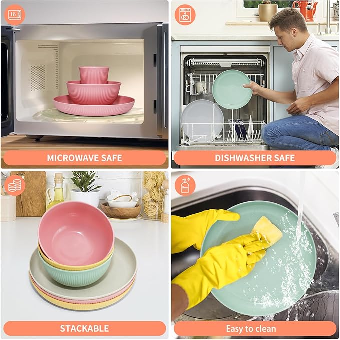 36 pcs Wheat Straw Dinnerware Sets DAPIPIK Unbreakable Reusable Dinnerware Set Lightweight Camping Plates Cups and Bowls Set. Dishwasher Microwave Safe Dinnerware