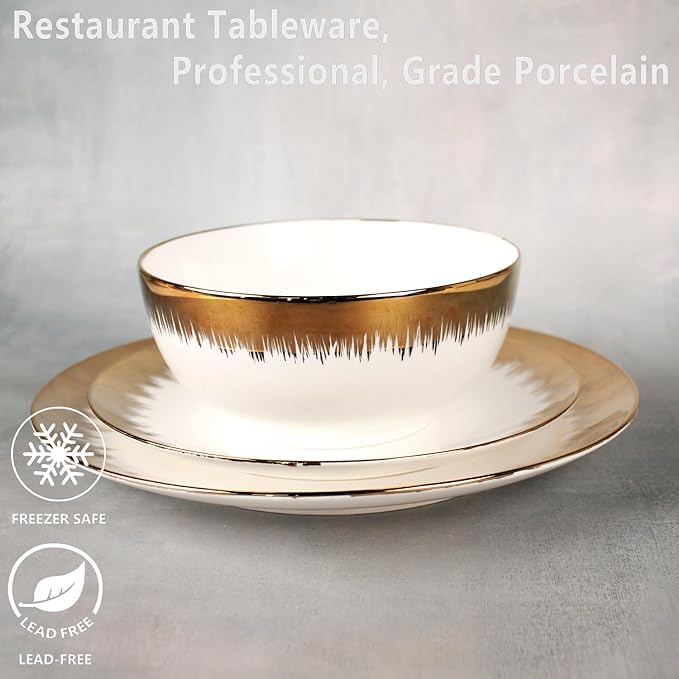 Dinnerware Sets(12Pcs) Serves for 4 Modern Dinnerware Gilded Edge Plates and Bowls Set with 8.3Small Plate 10.2dinner Plate 6.1Soup bowl apply Indoor Outdoor (Gilded set)
