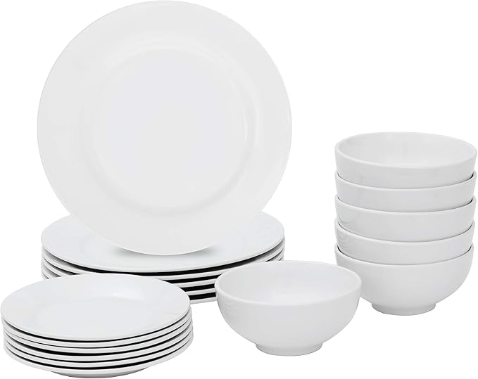 Nouva 18-Piece Service for 6 Porcelain Dinnerware Set Round Kitchen Plates and Bowls Set Chip &amp Scratch Resistant Dishware Sets White