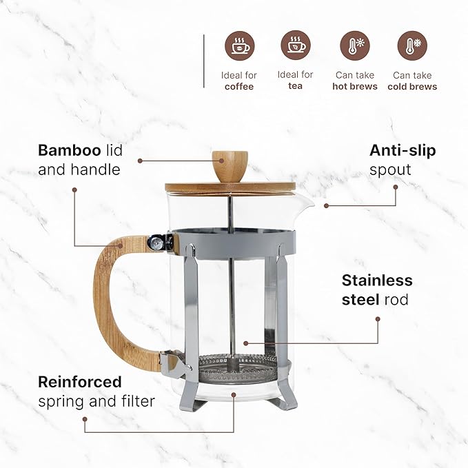 27oz Glass French Press Coffee Maker with Bamboo Wooden Handle Lid and Stainless Steel Frame Manual Coffee and Tea Brewer with 3 Level Filter System