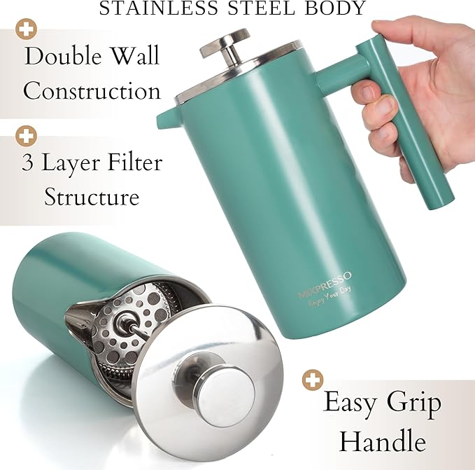 Mixpresso Green Stainless Steel French Press Coffee Maker 26 Oz 770 Ml Double Wall Insulated French Press Stainless Steel Easy Clean Tea Brewer Easy Press Durable Metal Coffee Press