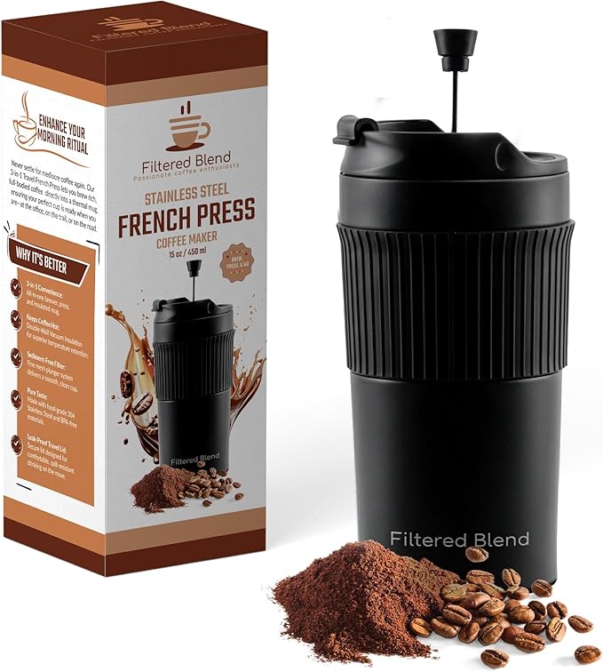 15oz Double Wall Stainless Steel Insulated French Press Coffee and Tea Maker - Portable Camping Mug and Tumbler - Heat Retaining Leak-Proof Travel-Friendly for Office and Outdoor Adventures (Black)