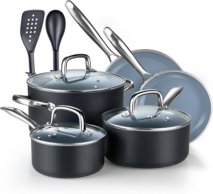 Cook N Home Pots and Pans Nonstick Ceramic Kitchen Cookware Sets Include Saucepan Frying Pans Stockpot with Lids Nylon Utensils 10-Piece Heavy Gauge Black &amp Gray