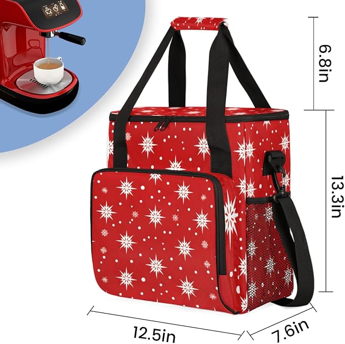 Christmas Snowflakes Coffee Maker Carrying Bag Glitter Snowflakes Travel Storage Bag Compatible with K-Mini or K-Mini Plus Single Serve Coffee Brewer Carrying Case with Pockets &amp Shoulder Strap