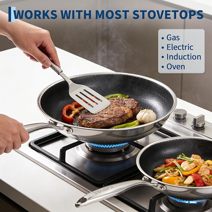 Garvee 6-Piece Tri-Ply Steel Nonstick Fry Pan Set 8/10/12 Inch Induction Ready Frying Pans with Tempered Glass Lids &amp Stay-Cool Handles Dishwasher Safe &amp Oven Safe Compatible with All Cookt