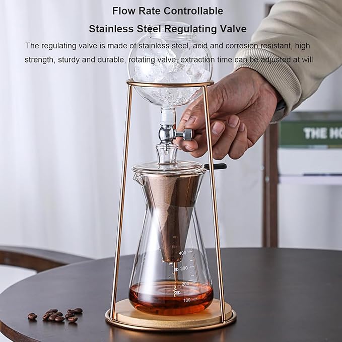 Portable Cold Drip Coffee Maker Drip Tower Coffee Maker 400ml Glass Coffee Pot with Stainless Steel Regulating Valve V-Shaped Spout for Home Office