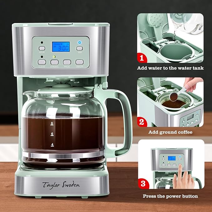 Taylor Swoden 12-Cup Programmable Coffee Maker Regular &amp Strong Brew Drip Coffee Machine for Home and Office Glass Carafe Pause &amp Serve Auto Shut Off Green &amp Stainless Steel