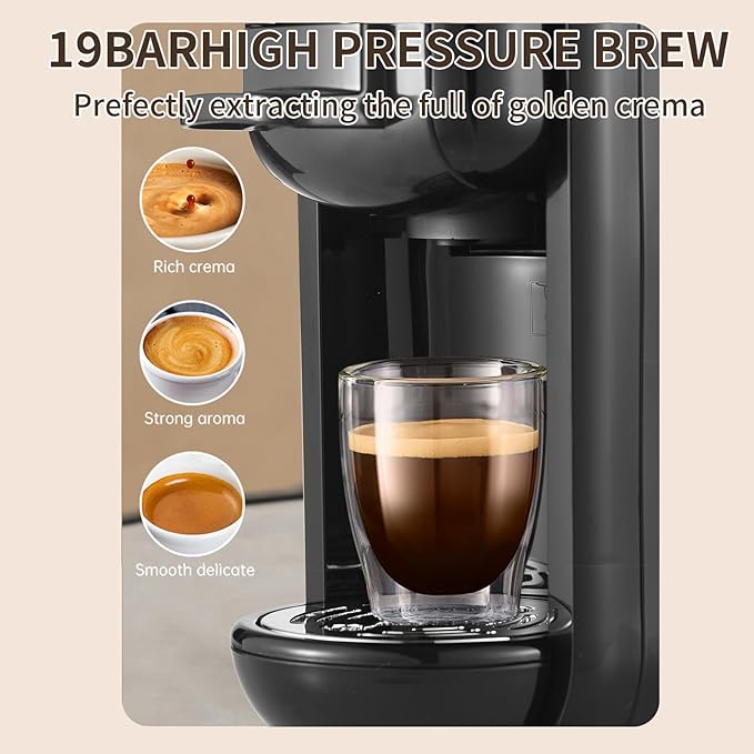 Tissting 4 in 1 Pod Coffee Maker 19Bar Pressure &amp 92℃ Constant Temperature - Fast 20s Brew for Hot Cold Coffee Programmable Single Double Serve 600ml Capacity with Auto Shutoff (US plug)