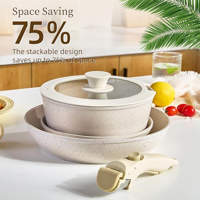 5pcs Pots and Pans Set Nonstick Cookware Detachable/Removable Handle Induction RV Kitchen Set Oven Safe ＆ Dishwasher ＆ Heat Evenly for Better Cooking