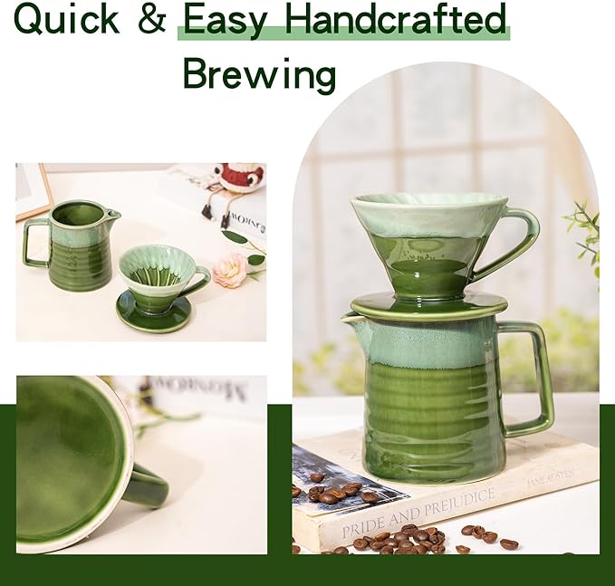 Topadorn Pour Over Coffee Maker Set 13 Oz Ceramic Coffee Maker &amp Pour Over Coffee Dripper Reusable Drip Coffee Maker for Café Restaurant Home Camping Green