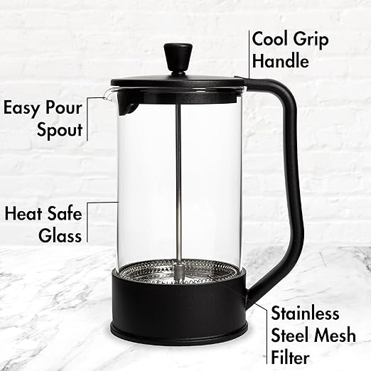 Primula French Press Coffee Maker Heat Resistant Borosilicate Glass with Stainless Steel Filters 8 Cup 34 oz Black