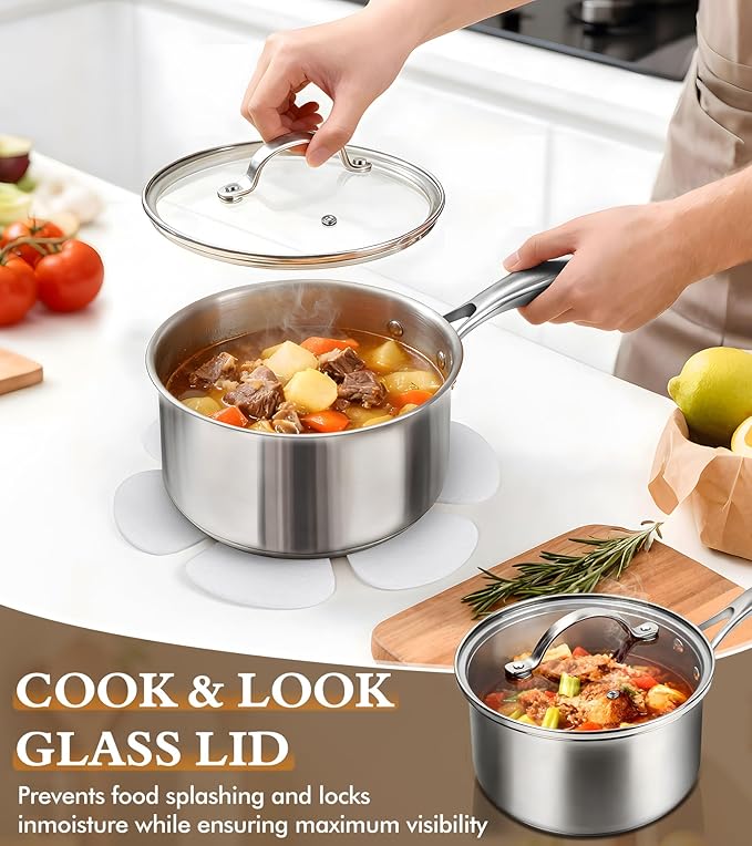 16-Piece Pots and Pans Set Tri-Ply Stainless Steel Cookware Set with Lids Non-toxic Kitchen Cooking Set Dishwasher-Friendly Induction-Ready Even Heating Heavy Duty Compatible with All Cooktops
