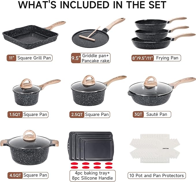 JEETEE 36Pcs Pots and Pans Set Non Stick Cookware Set Non toxic Kitchen Healthy Induction Cooking Set W/Griddle Sauté Pan Baking Trays &amp Pancake Rake (PFOA PFAS Free)