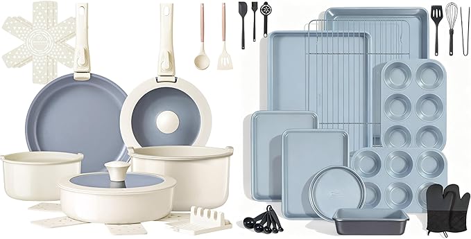 Ammeloo Cream 18-Piece Ceramic Pots and Pans Set &amp Black 22-Piece Baking Pans Set Stackable Bakeware