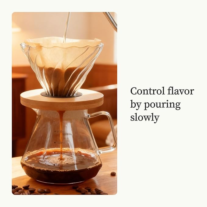 V60 Pour Over Coffee Maker Set with 100 Paper Filters Glass Dripper and 20 oz Carafe Manual Drip Coffee Brewer with Bamboo Base for Home or Office Barista Style Pour Over Kit