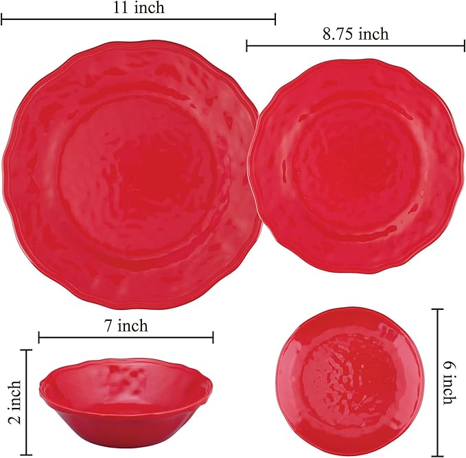 UPware 16 Piece Holiday Red Melamine Dinnerware Sets Outdoor Dishes Set Plates and Bowls Sets Christmas Decorations Service for 4 Red