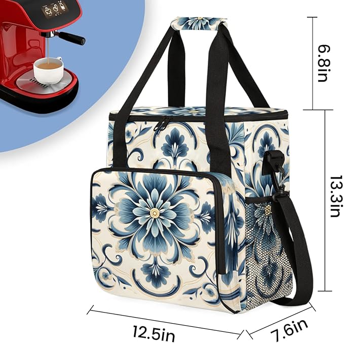 Blue Floral Coffee Maker Travel Bag for Keurig K-Mini/K-Mini Plus Insulated Waterproof Tote with Pockets for Portable Single-Serve Brewer Case