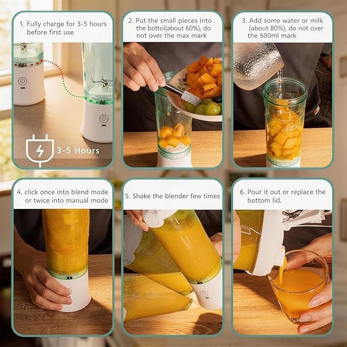 Portable Blender 21 Oz Cordless Personal Smoothie Maker with 6 Blades USB Rechargeable Mini Juicer for Fruit Veggie Ideal for Home Office Gym Travel Camping