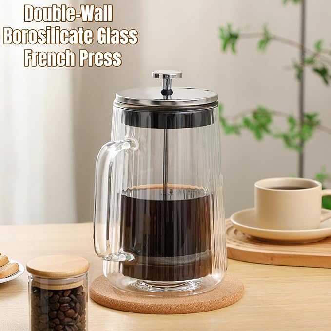 Glass French Press Coffee Maker 34oz Double Wall Heat-Resistant Borosilicate Glass Coffee Press with Stainless Steel 4-Level Filtration Also Fit for Tea