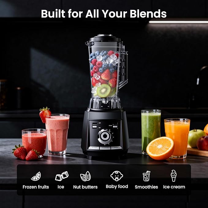 1800 WP Smoothie Blenders for Kitchen 30000 RPM Large Blender for Smoothies Ice Crushing &amp Frozen Fruit Heavy Duty Grinder with 68oz BPA-Free Pitcher Adjustment Speed Knob Black