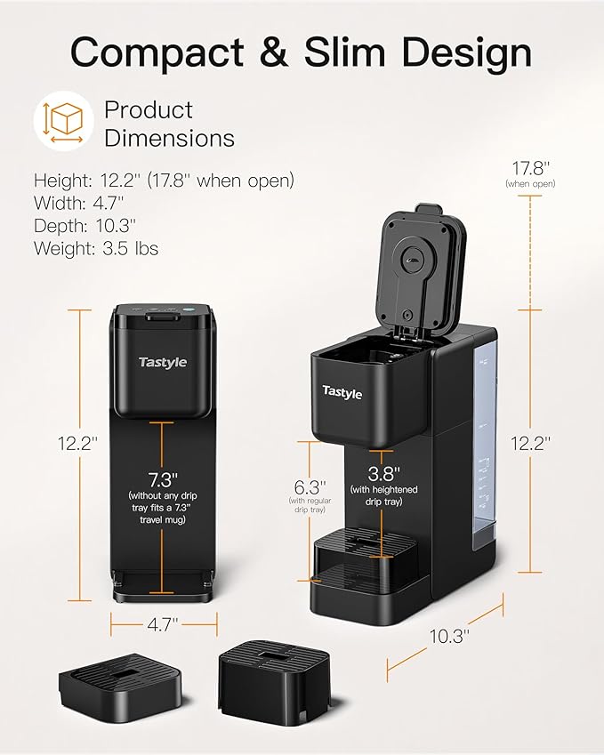 Single Serve Hot &amp Iced Coffee Maker with Strong Brew 40oz Removable Reservoir 6 Brew Sizes Compatible with K Cup and Grounds Compact for Home Office RV and Dorm Black (2.0 Version)