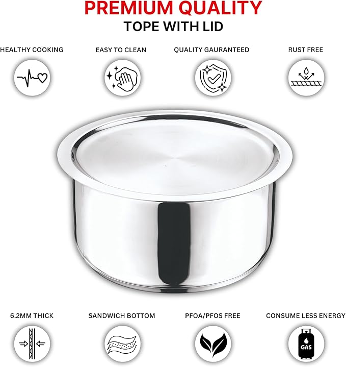 Vinod Stainless Steel 304 Grade Tope/Patila/Topiya with Lid - Diameter 20 cm Capacity 3 Litre Induction and Gas Stove Friendly 2 Year Warranty Silver