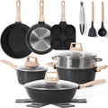 17 Pcs Pots and Pans Set Non Stick Kitchen Cookware Sets Nonstick Induction Cookware Non-toxic Black Granite Cooking Tools with Stay-Cool Handles Pot Protectors (PFOS/PFOA Free)
