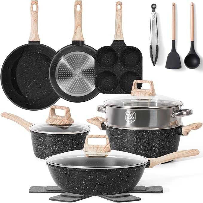 17 Pcs Pots and Pans Set Non Stick Kitchen Cookware Sets Nonstick Induction Cookware Non-toxic Black Granite Cooking Tools with Stay-Cool Handles Pot Protectors (PFOS/PFOA Free)