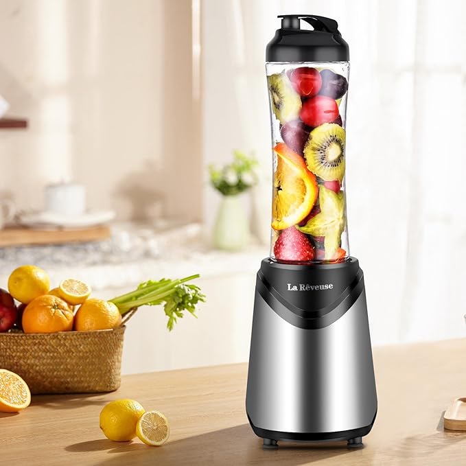 La Reveuse Smoothies Blender Personal Size 300 Watts with 18 oz BPA-Free Portable Travel Sports Bottle Silver