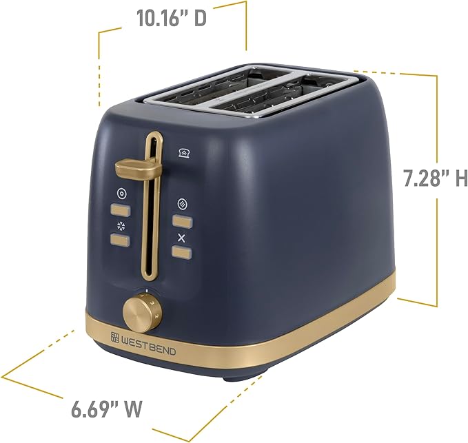 West Bend Timeless 2-Slice Toaster with 7 Browning Levels Bagel/Waffle/Defrost Settings High-Lift Lever Anti-Jam Easy-Clean Crumb Tray 2-Slice Blue/Gold