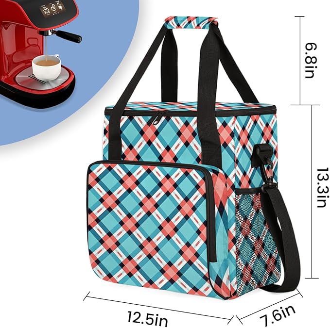 Blue Texture Plaid Coffee Maker Carrying Bag Portable Travel Storage Tote Bag Compatible with K-Mini or K-Mini Plus Single Serve Coffee Brewer Carrying Case with Multiple Pockets &amp Shoulder Stra