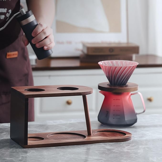 Bincoo Pour Over Coffee Maker Set - Borosilicate Glass Dripper with Walnut Handle &amp Glass Lid 50 pcs Paper Filters Included