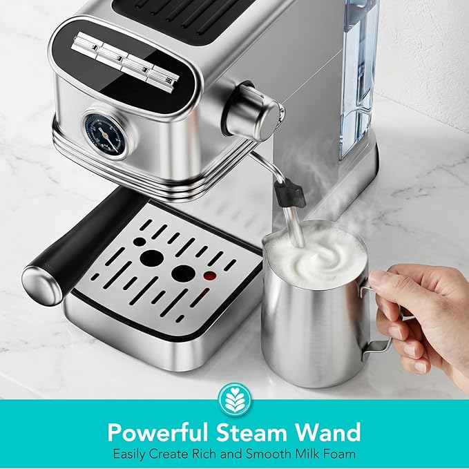Espresso Machine 20 Bar Stainless Steel Espresso Maker with Steam Milk Frother Compact Coffee Machine with 45oz Removable Water Tank for CappuccinoLatte&ampCold Brew Home&ampOffice