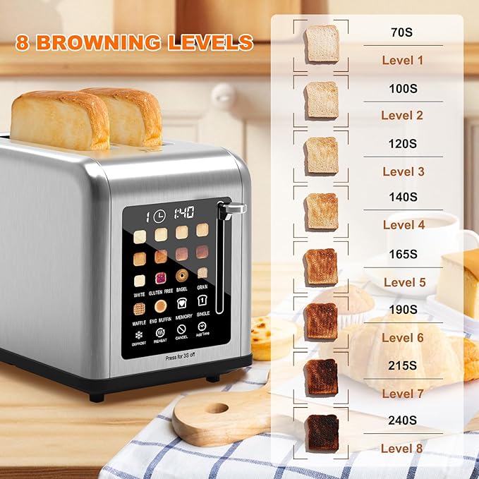 2 Slice Toaster Touch Screen Stainless Steel Toasters Digital Timer 2 Slot Toasters 8 Shade Settings 6 Bread Types for Bagel Cancel Defrost（Stainless Steel）