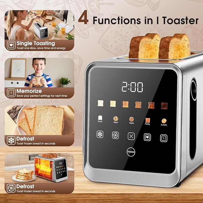 Touch Screen Toaster 2 Slice Stainless Steel Smart Digital Toasters with Single Slot Toasting Memory Function 5 Bread Types &amp 6 Shade Settings1.5 Wide Slot 900W