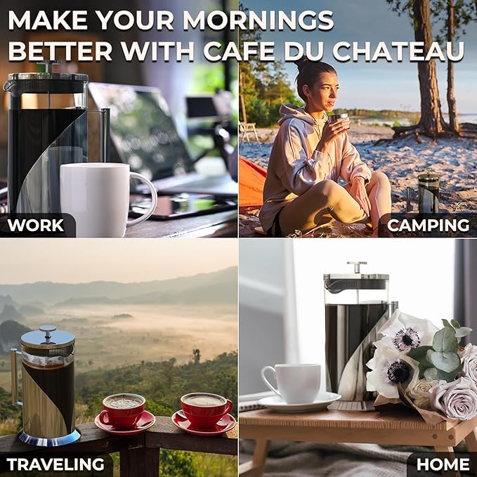 Cafe Du Chateau French Press Coffee Maker Bundle – Stainless Steel Design with 4-Level Filtration for Rich Smooth Brews at Home or Office