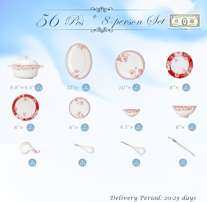 Fine Bone China Dinnerware SetPorcelain&ampCeramic Dinnerware Sets Bone Stoneware&ampCeramic Cookware Tableware Set Includes Dinner Plates|Spoons|Pasta Bowls|Soup Pot|Chopsticks (56 PCS)