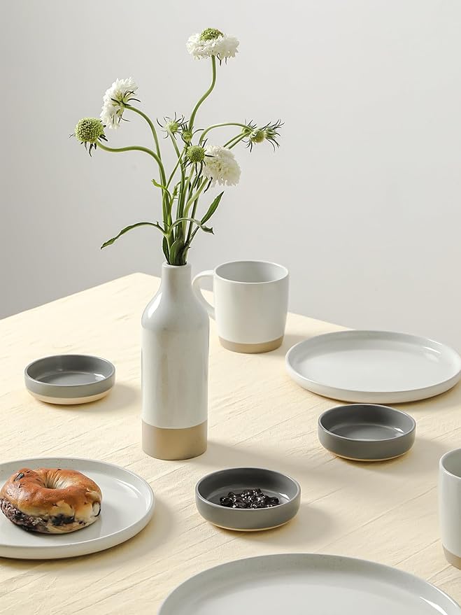 Famiware Mars Plates and Bowls Set of 12 and Milkyway 4oz Dipping Bowls Set of 6 18 Pieces Dinnerware Sets Dark Gray