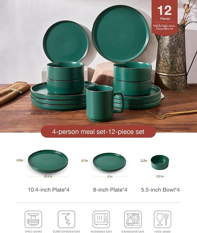 Famiware Nebula Ridge Stoneware Dinnerware Sets Plates and Bowls Sets for 4 12 Pieces Dishes Set Microwave and Dishwasher Safe Kitchen Plates Dark Green