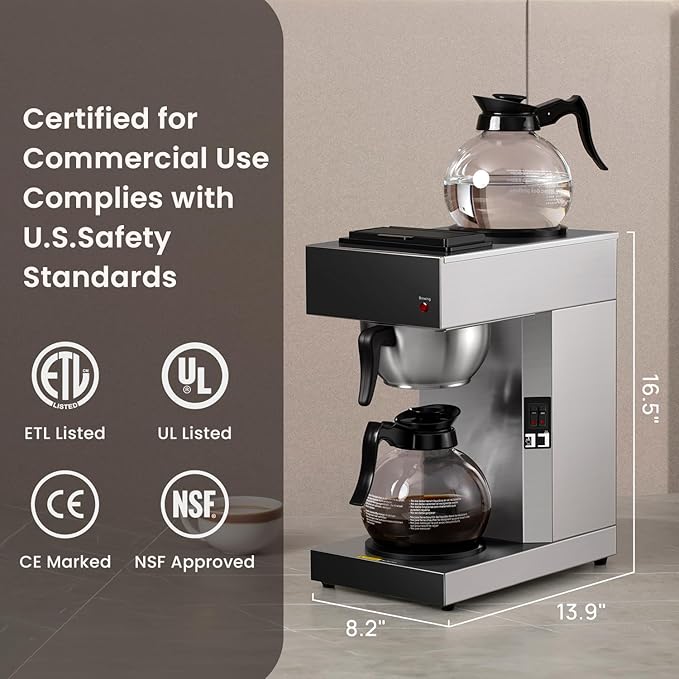 SYBO 12-Cup Commercial Drip Coffee Maker Pour Over Coffee Maker Brewer with 2 Glass Carafes and Warmers Stainless Steel Cafetera SF-CB-2GA