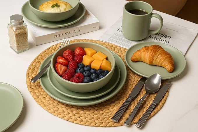 12-Piece Stoneware Dinnerware Set with Mugs Matte Glaze Microwave &amp Dishwasher Safe Stackable Service for 3 White (Green of 3)