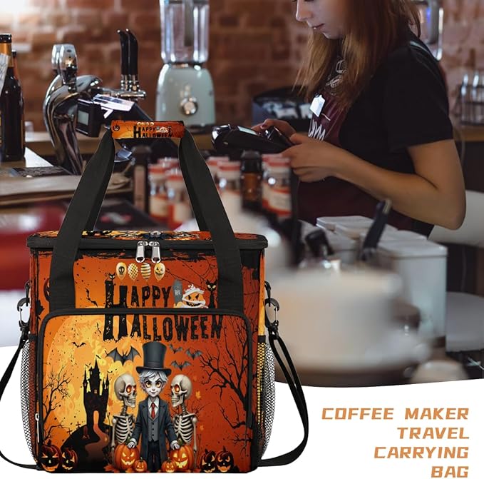 Skeleton Prince Pumpkin Bat Halloween Coffee Maker Carring Bag Travel Carrying Storage Tote Bag Compatible with Keurig K-Mini or K-Mini Plus Portable Single Serve Coffee Brewer Case with Pockets