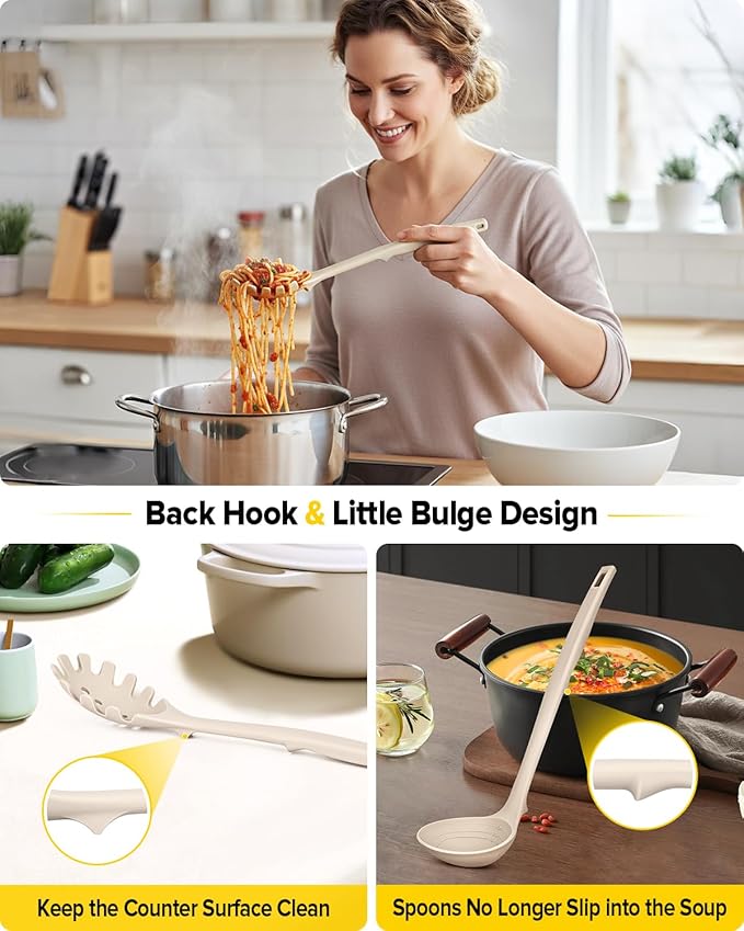 Silicone Cooking Utensils Set 9 Pcs Heat Resistant Kitchen Utensils with Back Hooks BPA Free Kitchen Tools with Spatulas Spoons Skimmer and Pasta Fork for Non Stick Cookware(KHAKI)