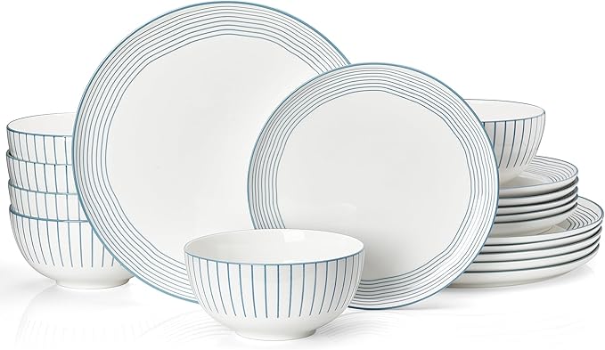 Sweese Lightweight Dinnerware Sets Plates and Bowls Set for 6 18 Pieces Stripe Dishes - Chip and Scratch Resistant Microwave and Dishwasher Safe Porcelain Dinner Sets Blue